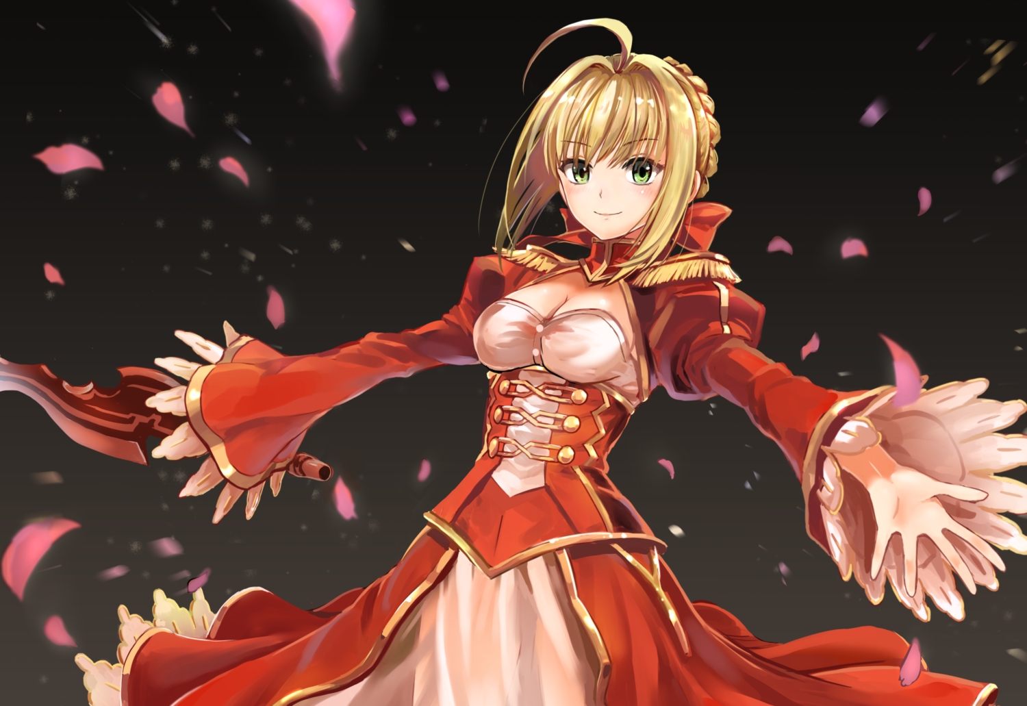 black, blonde_hair, breasts, dress, fate/extra, fate_(series), green_eyes, nero_claudius_(fate), petals, puca-rasu, short_hair