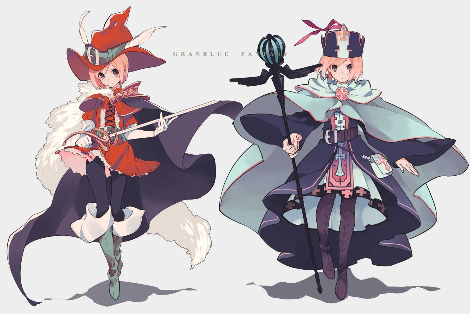 blonde_hair, boots, brown_eyes, cape, cross, djeeta_(granblue_fantasy), dress, elbow_gloves