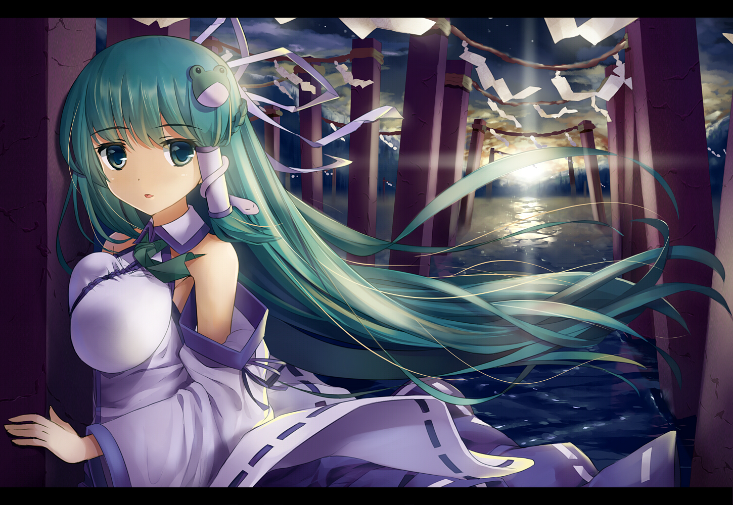 animal, braids, breasts, cafeore, clouds, green_eyes, green_hair, japanese_clothes