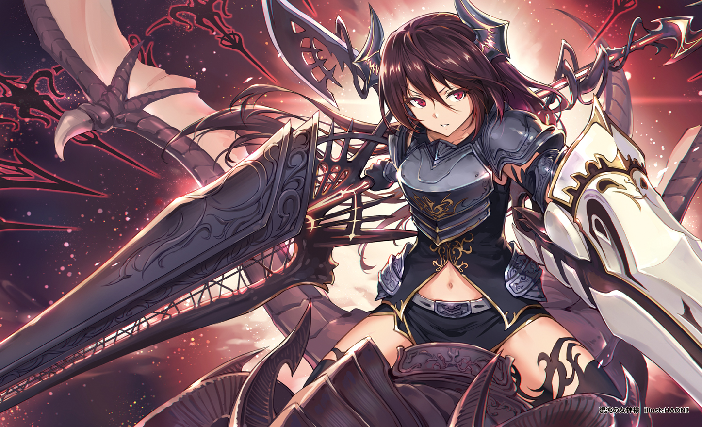 armor, brown_hair, forte_(shingeki_no_bahamut), gou_(ga673899), granblue_fantasy, horns, long_hair, navel, pink_eyes, shingeki_no_bahamut, shorts, spear, weapon