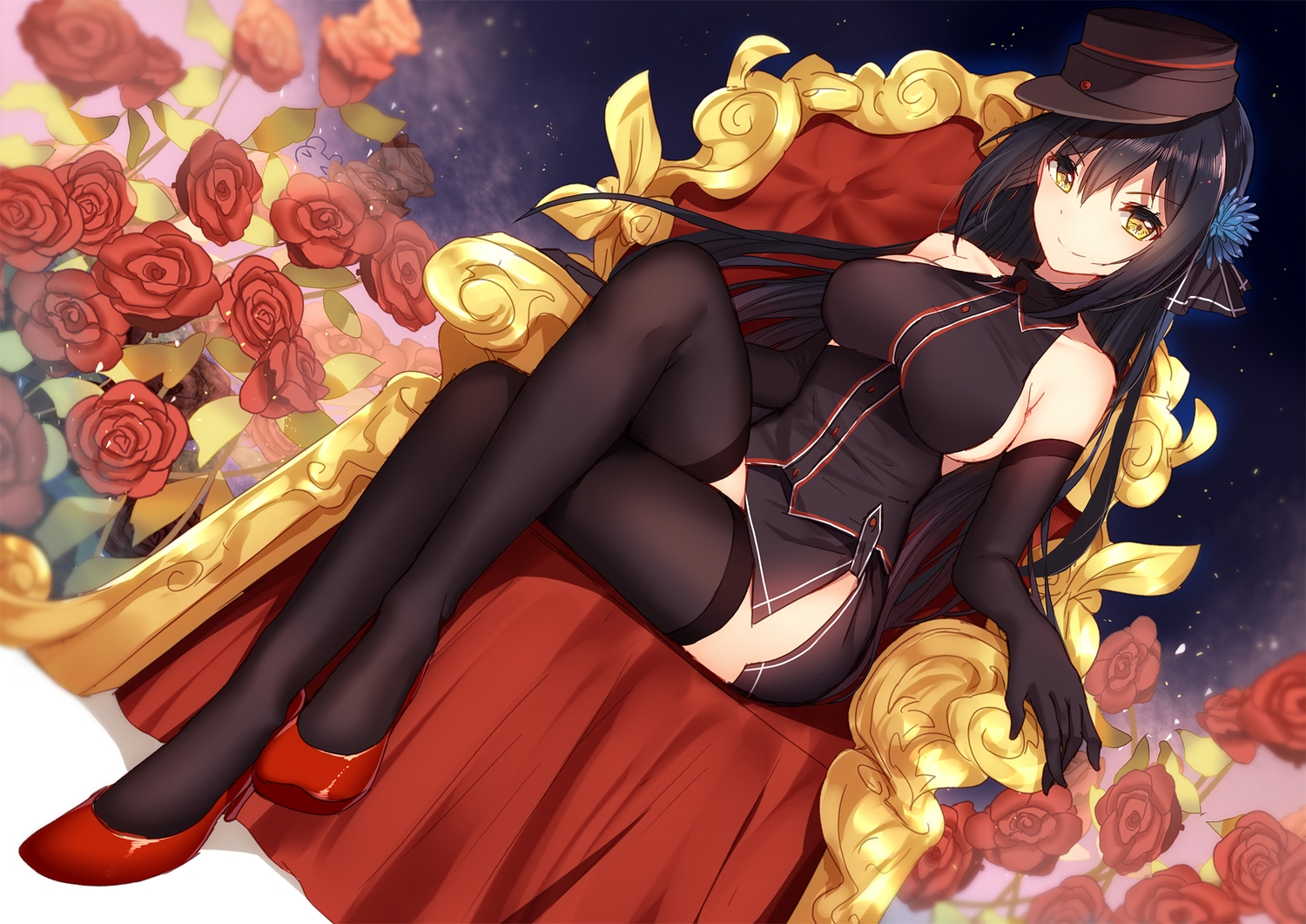 bison_cangshu, black_hair, breasts, elbow_gloves, flowers, gloves, hat, long_hair