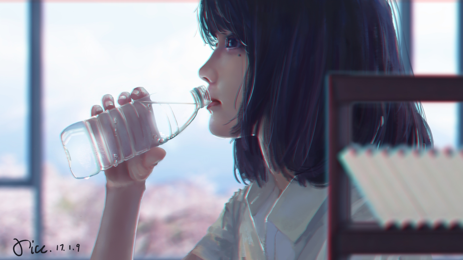 black_eyes, black_hair, original, realistic, school_uniform, short_hair, signed, water