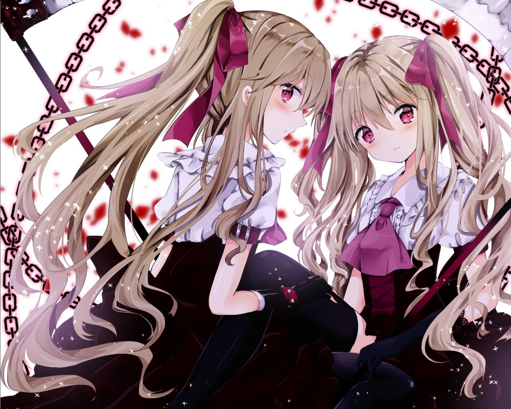 2girls, aliasing, annelie_(nanase_nao), blush, brown_hair, chain, elbow_gloves, gloves