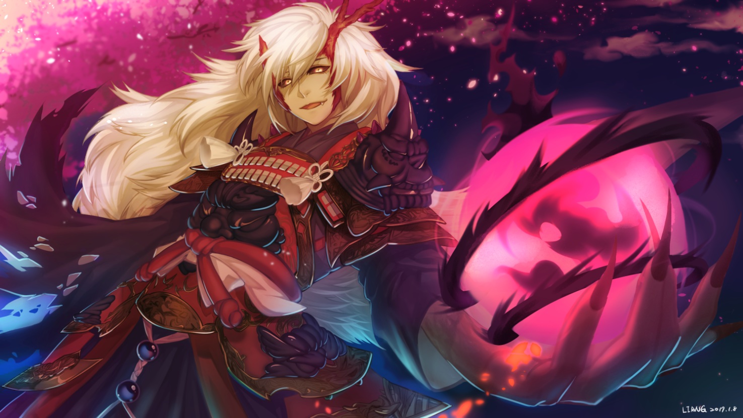 all_male, armor, blonde_hair, demon, fang, horns, ibaraki_douji_(onmyouji), long_hair