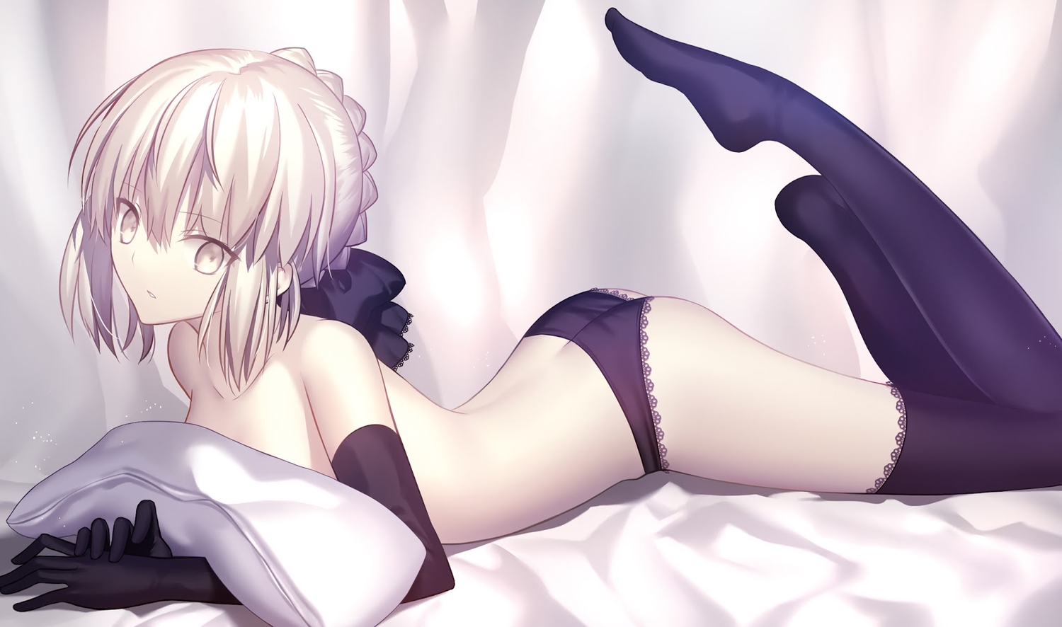 artoria_pendragon_(all), bed, bow, elbow_gloves, fate/grand_order, fate_(series), fate/stay_night, gloves