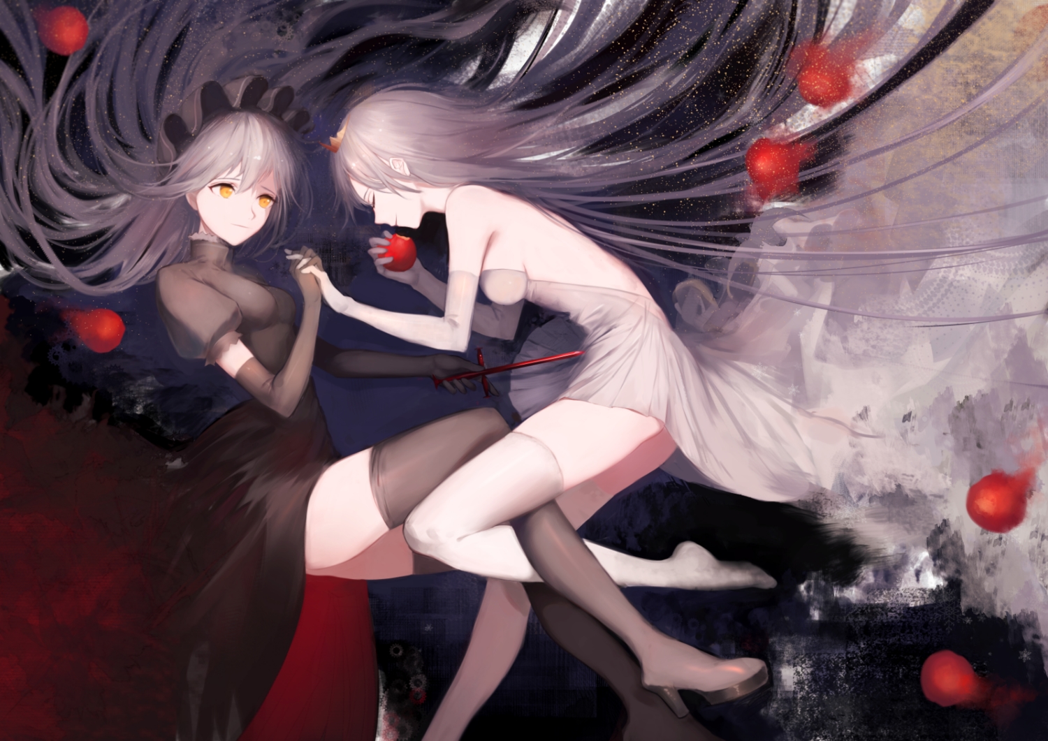 2girls, apple, dress, elbow_gloves, food, fruit, gloves, gray_hair