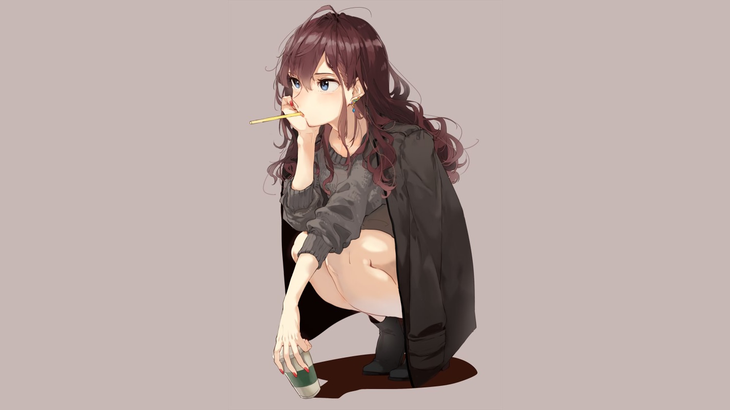 blue_eyes, brown_hair, drink, gray, hamada_(super_tachioyogi_kyousou), ichinose_shiki, idolmaster, idolmaster_cinderella_girls