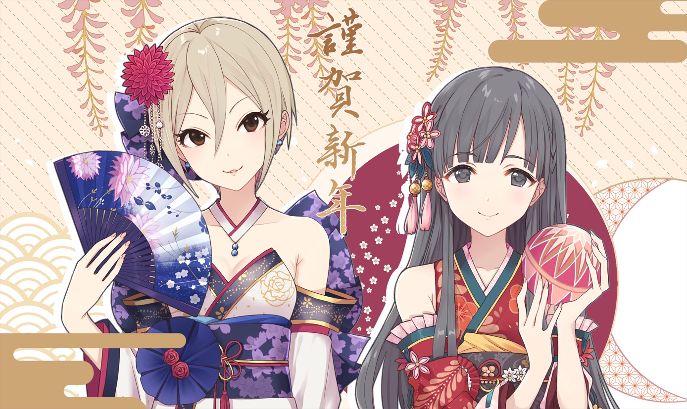 2girls, ball, black_eyes, black_hair, blonde_hair, brown_eyes, fan, flowers, haikimono, idolmaster, idolmaster_cinderella_girls, japanese_clothes, kobayakawa_sae, long_hair, shiomi_shuuko, short_hair