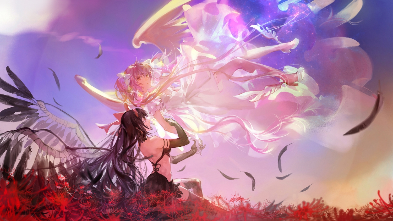 2girls, akemi_homura, akuma_homura, black_hair, clouds, dress, elbow_gloves, gloves