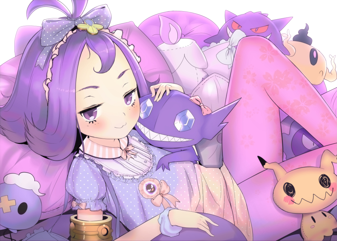 acerola_(pokemon), aliasing, blush, bow, cat_smile, dress, drifloon, gastly