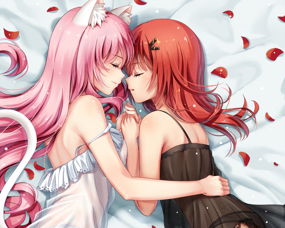 2girls, animal_ears, bed, catgirl, cropped, dress, haneru, long_hair