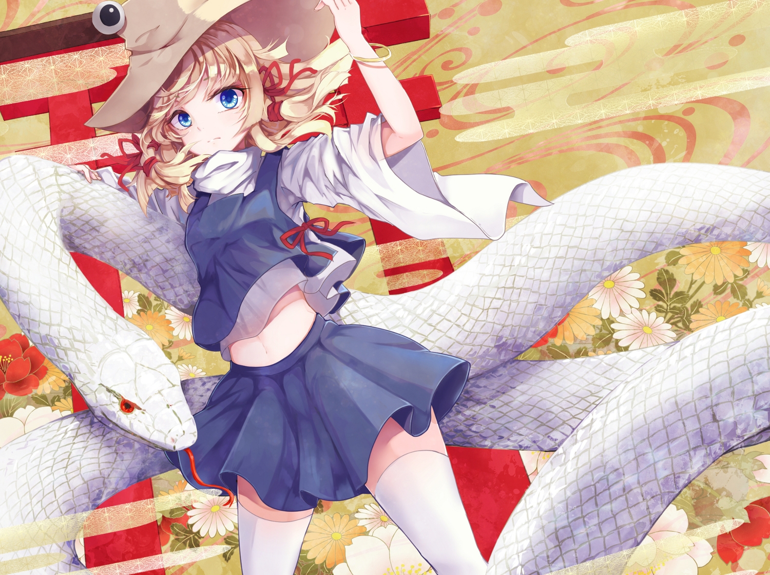 animal, blonde_hair, blue_eyes, flowers, furapechi, hat, mishaguji, moriya_suwako