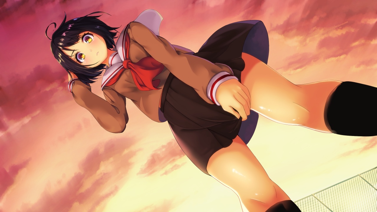 aliasing, black_hair, clouds, kneehighs, kouren, original, school_uniform, short_hair, skirt, sky, sunset, upskirt, yellow_eyes