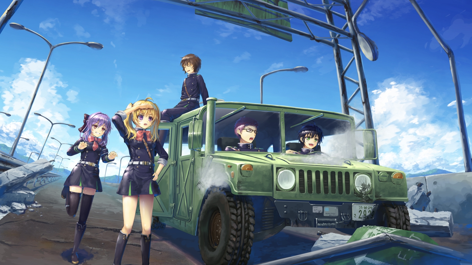 black_hair, blonde_hair, blush, bow, brown_eyes, brown_hair, car, clouds, dress, glasses, group, hiiragi_shinoa, hyakuya_yuuichirou, kimizuki_shihou, kneehighs, long_hair, male, owari_no_seraph, psyche3313, purple_eyes, purple_hair, saotome_yoichi, short_hair, sky, thighhighs, twintails