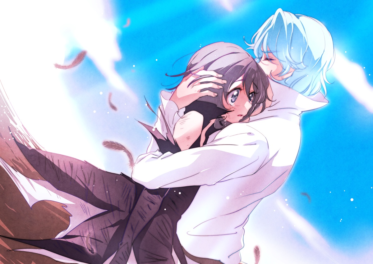 aqua_hair, black_eyes, black_hair, blue_(precure), chiyo_(rotsurechiriha), clouds, crying, dress, happinesscharge_precure!, hug, male, precure, queen_mirage, short_hair, sky, tears
