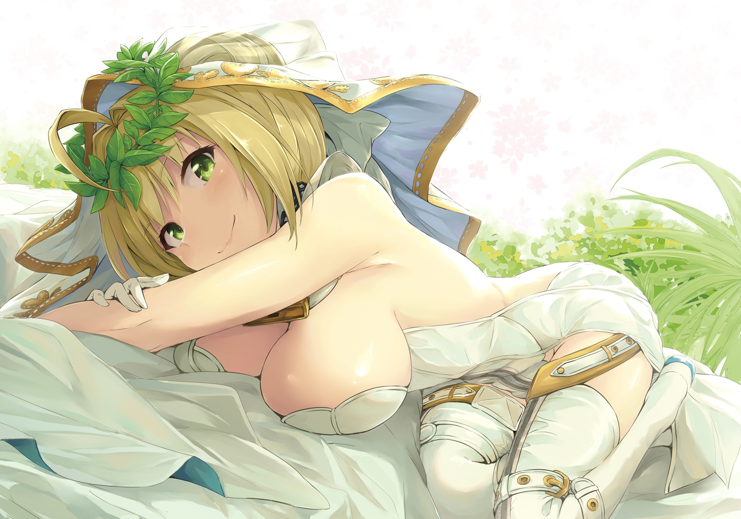 blonde_hair, breasts, cleavage, dress, fate/extra, fate/extra_ccc, fate/grand_order, fate_(series), flowers, gloves, green_eyes, hika_(hikara), nero_claudius_(bride), no_bra, nopan, thighhighs