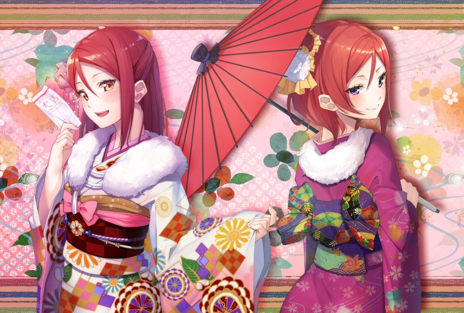 2girls, blush, bow, brown_eyes, ginopi, japanese_clothes, kimono, long_hair