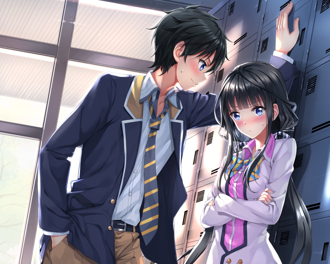 adagaki_aki, black_hair, blue_eyes, blush, bow, cropped, long_hair, makabe_masamune