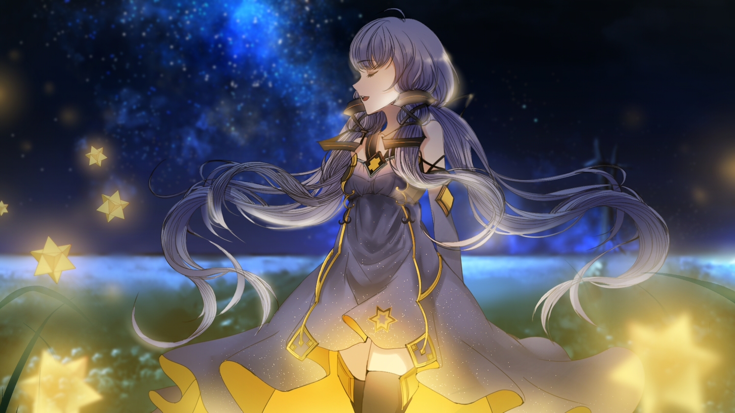 aliasing, dress, gray_hair, kleinlight, long_hair, sky, stars, thighhighs, twintails, vocaloid, vsinger, xingchen