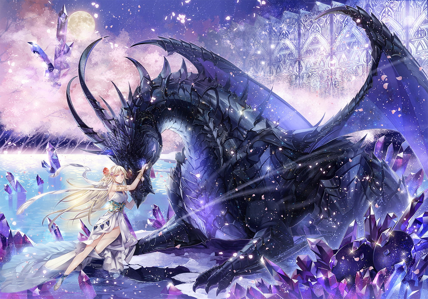 blonde_hair, corset, dragon, dress, kyouka_hatori, long_hair, moon, original, petals, pointed_ears, tree, water, wings