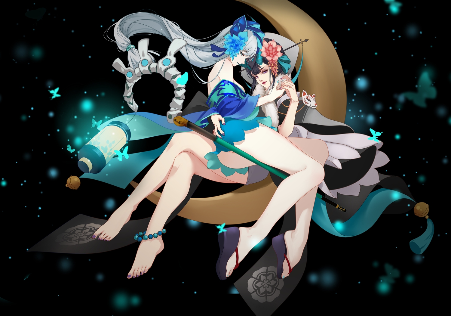 2girls, aoandon, barefoot, black_hair, clouble, enma_(onmyouji), gray_hair, onmyouji, staff