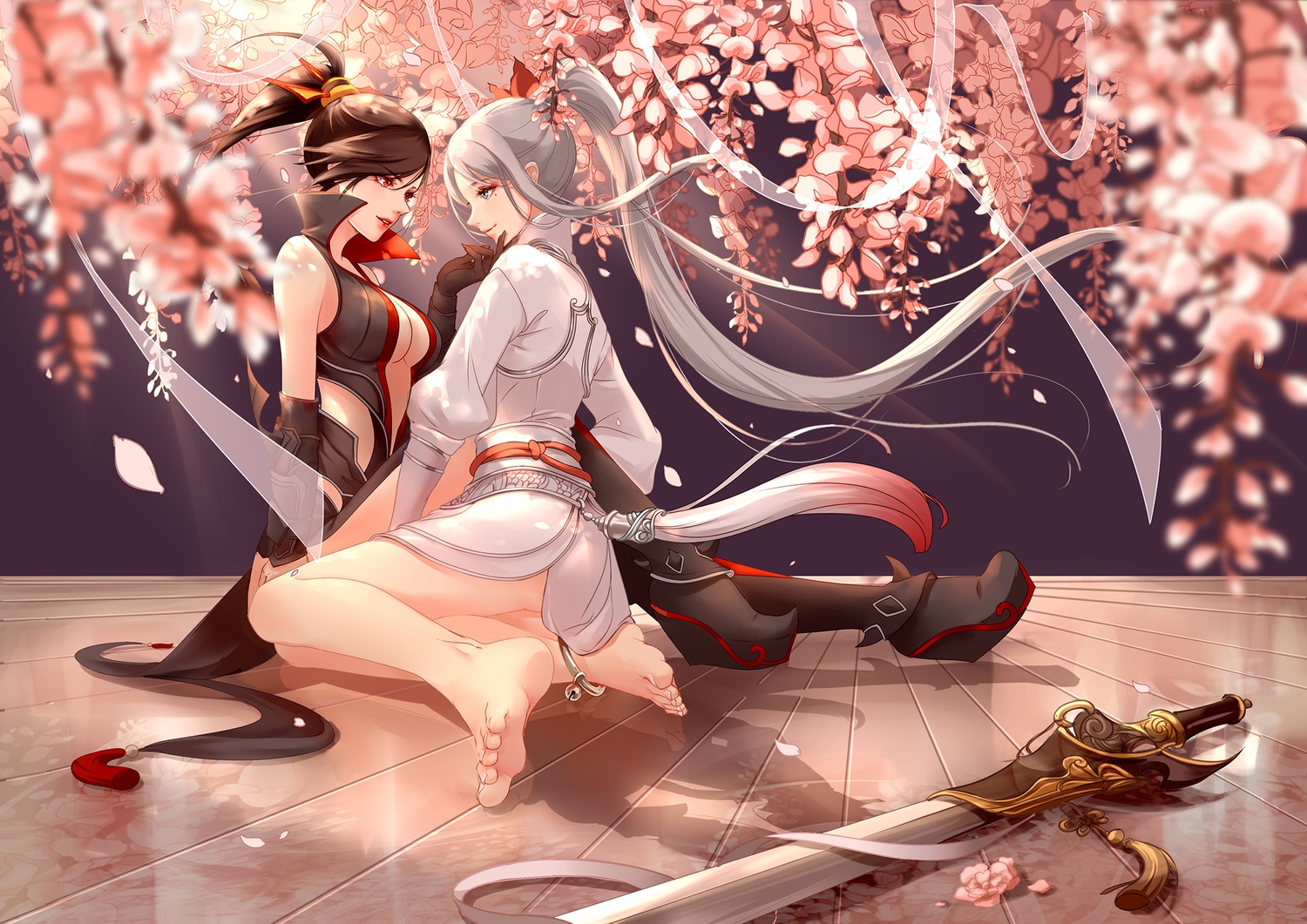 2girls, barefoot, black_hair, cherry_blossoms, clouble, flowers, gray_hair, petals