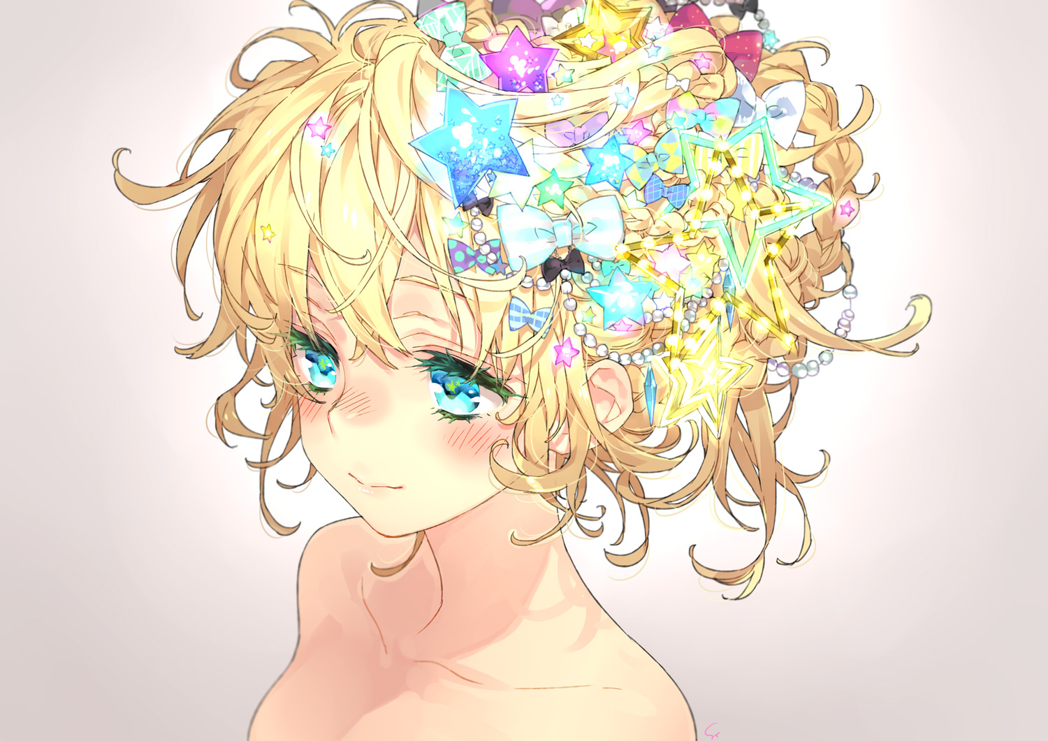 aqua_eyes, blonde_hair, blush, bow, braids, headdress, original, topless, toujou_sakana