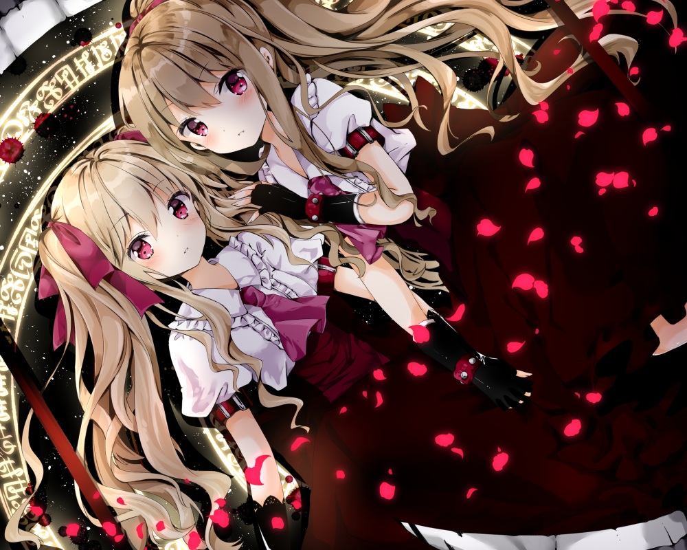 2girls, aliasing, annelie_(nanase_nao), blonde_hair, blush, dress, gloves, klarissa_(nanase_nao)