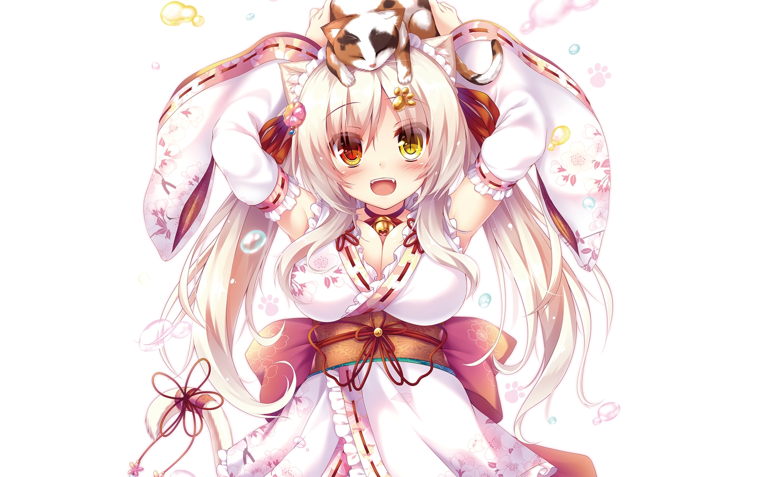 animal, animal_ears, bell, bicolored_eyes, blonde_hair, blush, bow, breasts