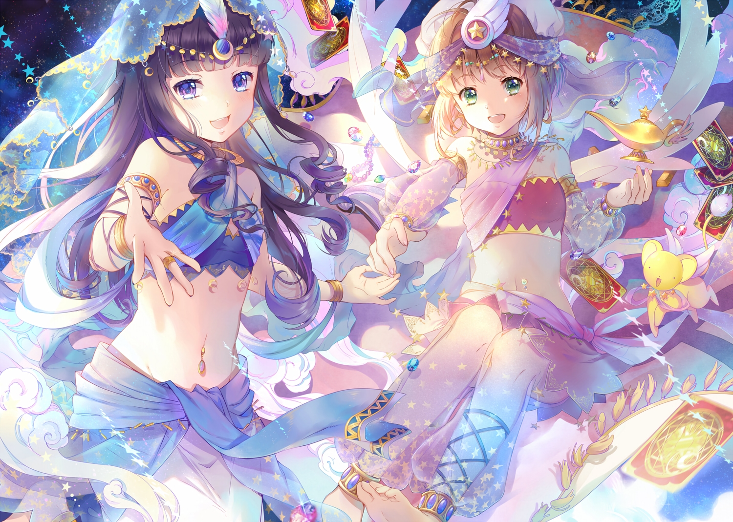 2girls, barefoot, black_hair, blonde_hair, blush, card_captor_sakura, daidouji_tomoyo, ekira_nieto