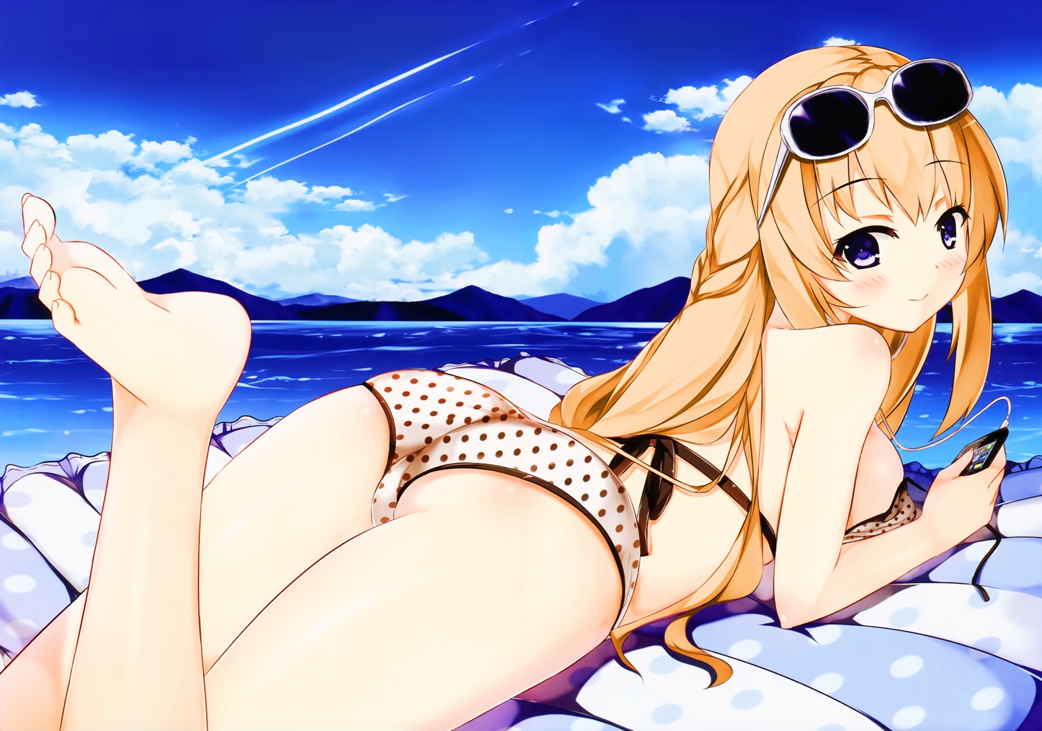 ass, barefoot, bikini, blonde_hair, blush, hyperdimension_neptunia, kaho_okashii, long_hair