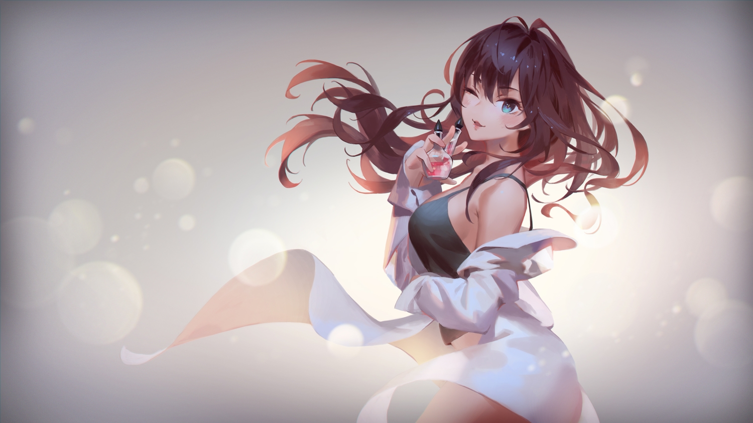 blue_eyes, blush, brown_hair, ichinose_shiki, idolmaster, idolmaster_cinderella_girls, jofang, long_hair, wink