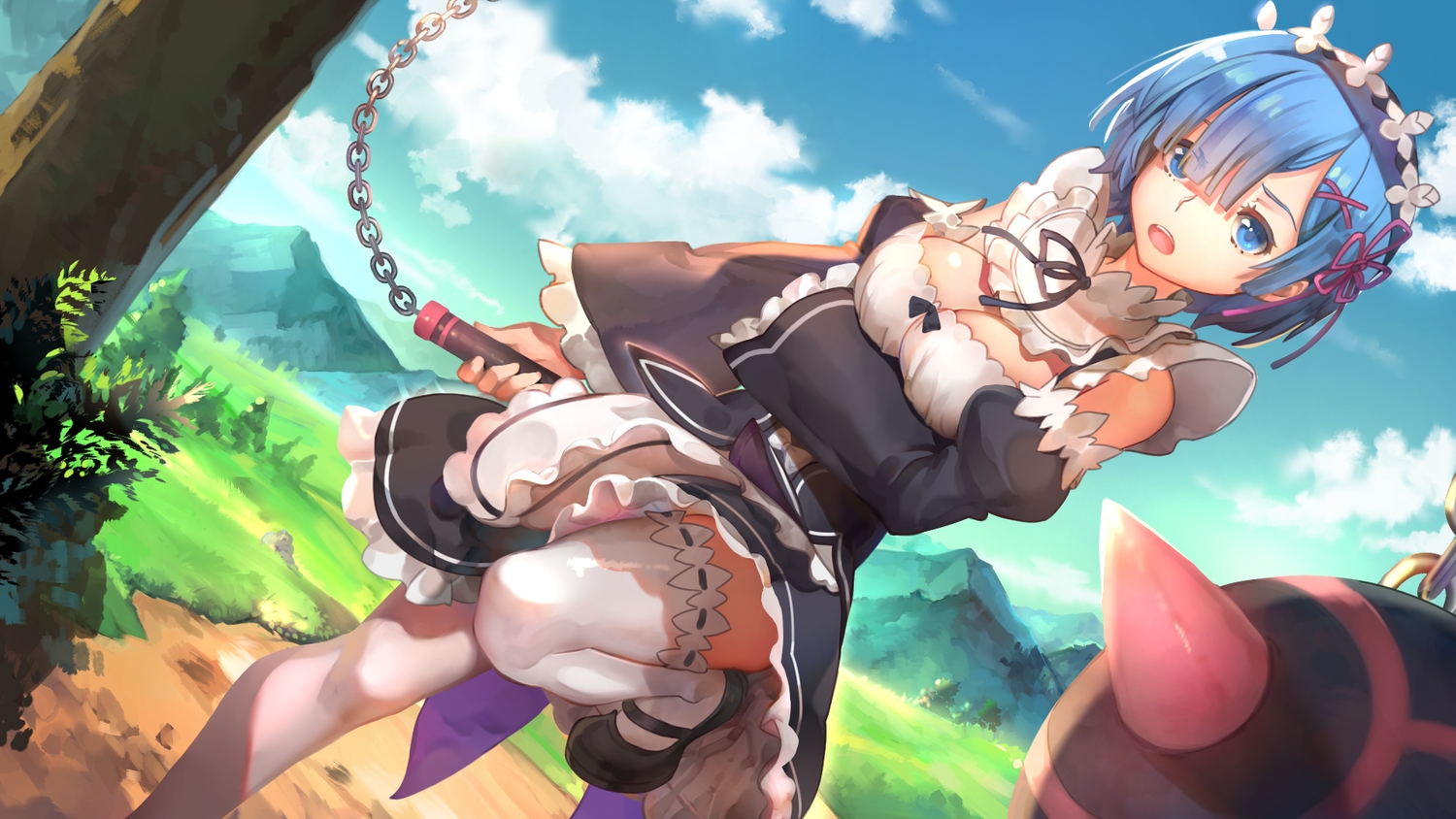 aqua_eyes, aqua_hair, breast_hold, breasts, chain, cleavage, clouds, grass, headdress, kamisakai, maid, rem_(re:zero), re:zero_kara_hajimeru_isekai_seikatsu, ribbons, sky, thighhighs, tree, weapon