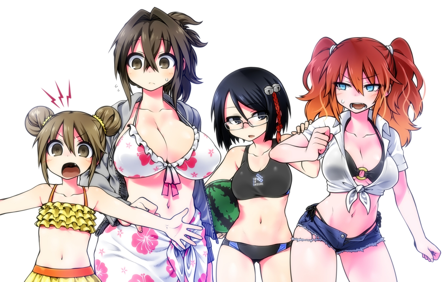 ann_blyth, aqua_eyes, bikini, black_eyes, black_hair, breasts, brown_eyes, brown_hair, cleavage, fang, food, fruit, glasses, group, kagami_ryouko, kanayama_nao, loli, long_hair, navel, orange_hair, original, sasashigure_miyo, short_hair, shorts, swimsuit, torn_clothes, twintails, yoshida_hideyuki