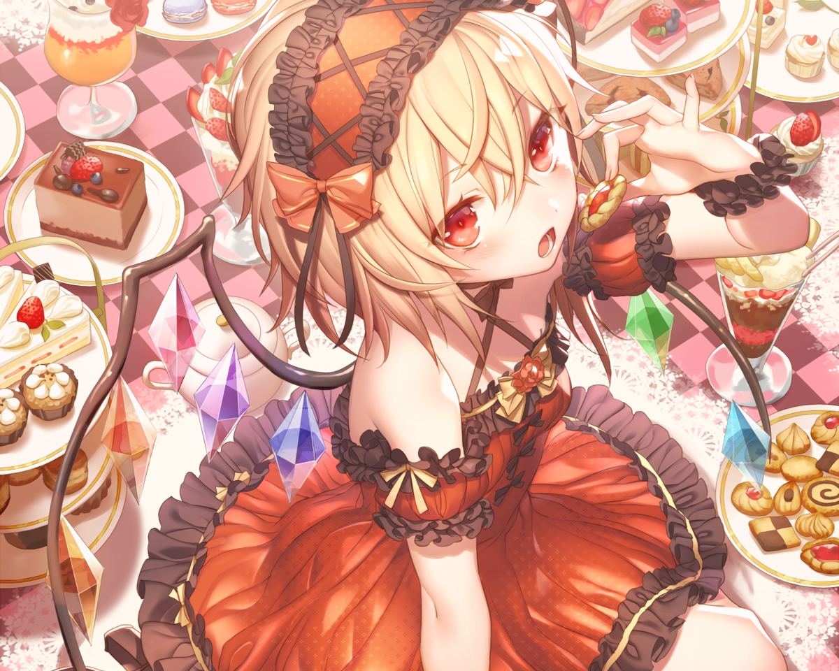 blonde_hair, bow, cake, cropped, dress, flandre_scarlet, food, fruit, headdress, kikugetsu, lolita_fashion, red_eyes, short_hair, strawberry, touhou, vampire, waifu2x, wings, wristwear