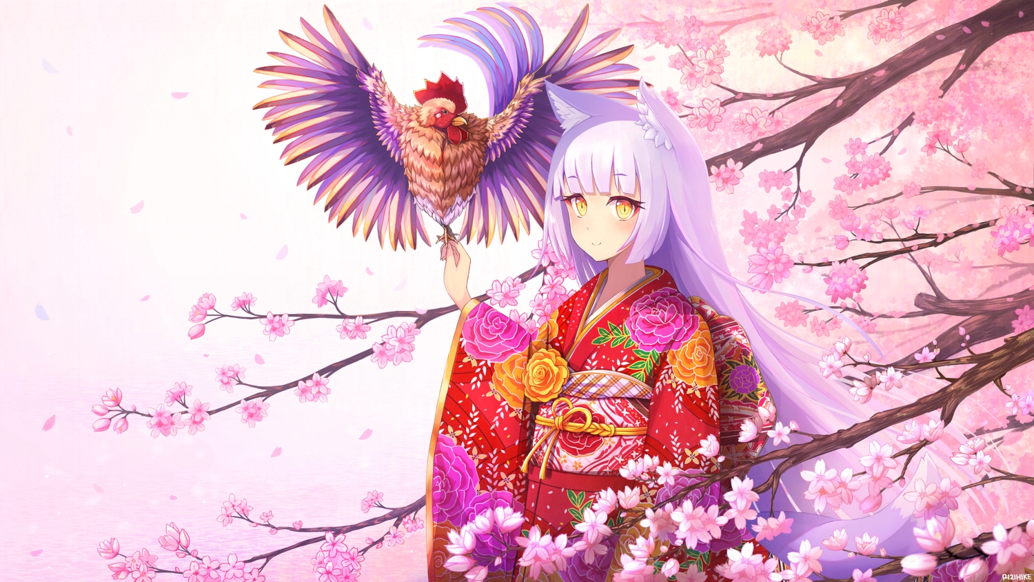 animal, animal_ears, bird, cherry_blossoms, flowers, foxgirl, japanese_clothes, kimono, long_hair, original, petals, purple_hair, rizihike, signed, tail, yellow_eyes