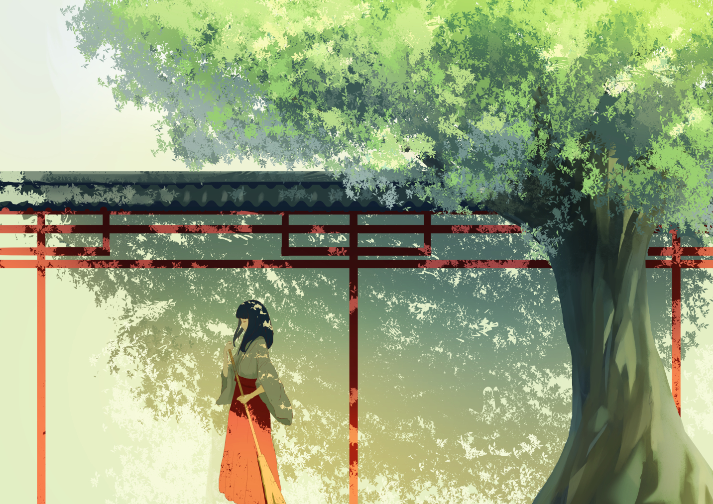 aliasing, black_hair, cjl6y5r, green, japanese_clothes, miko, original, shade, shrine, tree