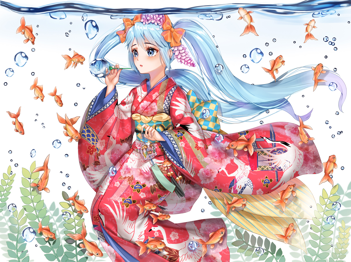 animal, aqua_eyes, aqua_hair, blush, bubbles, fish, hatsune_miku, japanese_clothes, kimono, long_hair, twintails, underwater, vocaloid, water, xlavhzhr04