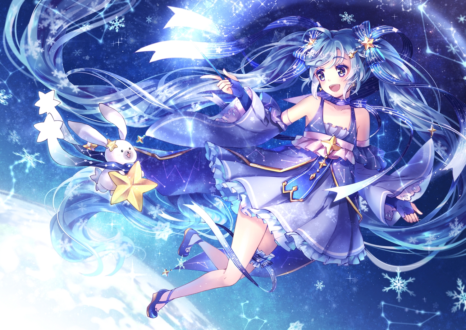 animal, aqua_hair, blue_eyes, blush, bow, dress, garter, gloves, hatsune_miku, long_hair, momoko_(momoko14), rabbit, ribbons, scarf, snow, stars, twintails, vocaloid, yuki_miku, yukine_(vocaloid)
