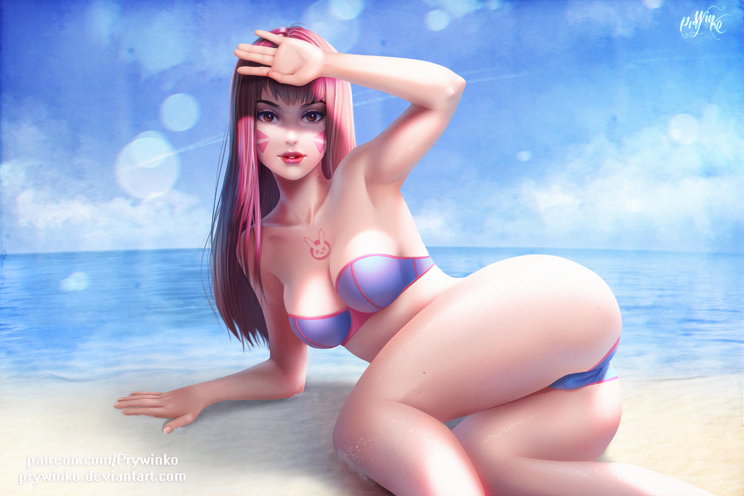 ass, beach, bikini, breasts, brown_eyes, cameltoe, cleavage, clouds, d.va, long_hair, olga_narhova, overwatch, pink_hair, realistic, signed, sky, swimsuit, tattoo, water, watermark