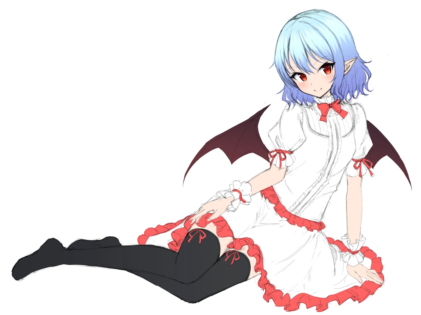 blue_hair, bow, dress, junior27016, pointed_ears, red_eyes, remilia_scarlet, sketch, thighhighs, touhou, vampire, white, wings, wristwear
