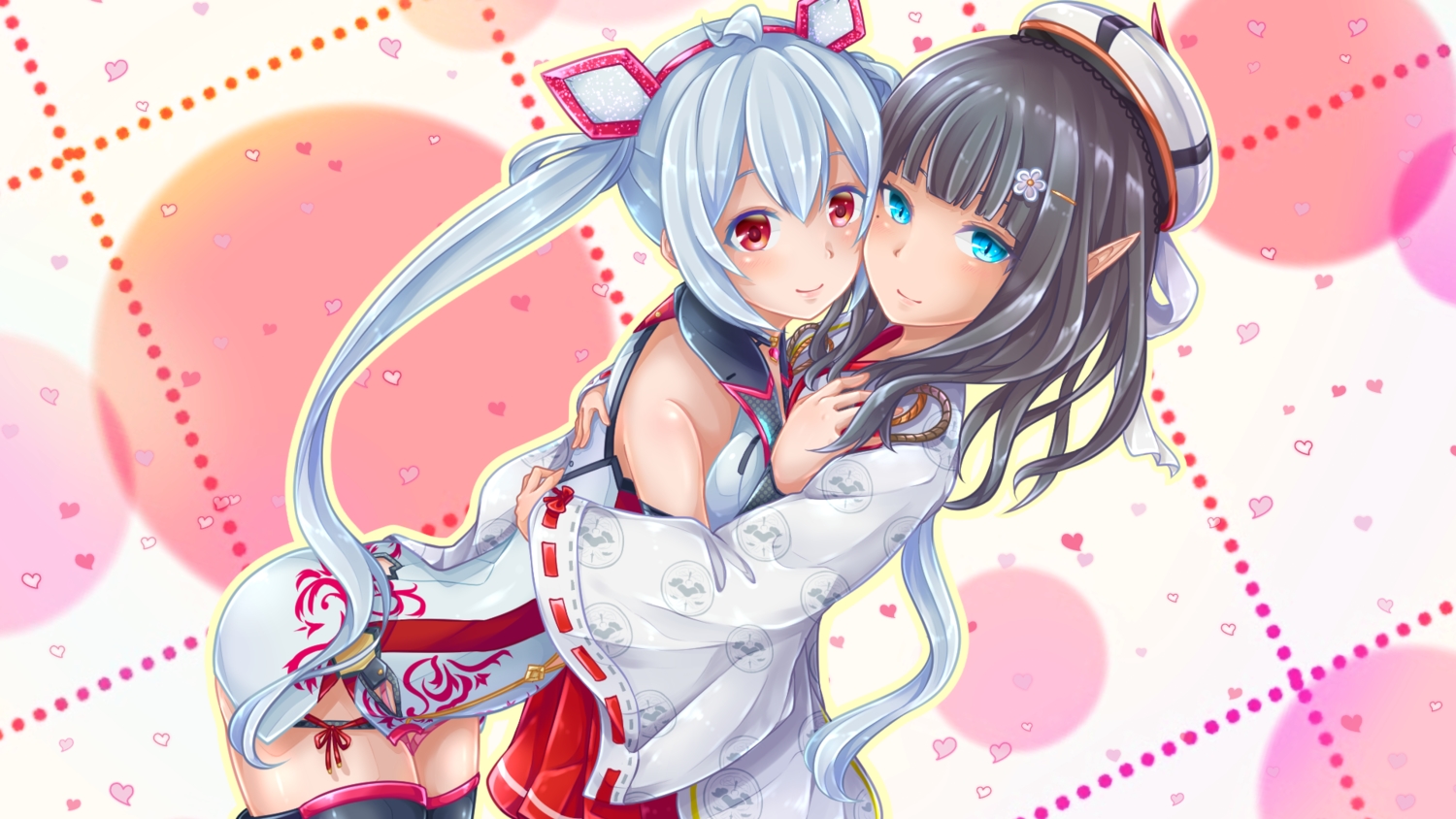 2girls, aqua_eyes, black_hair, blush, gray_hair, hat, hug, long_hair, original, red_eyes, thighhighs, twintails, yunagi_(arukumaruta)