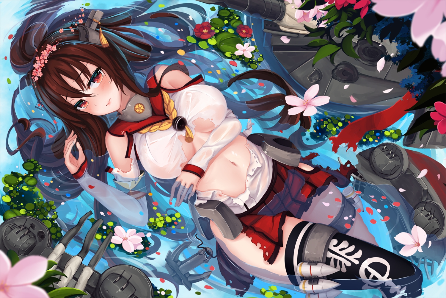anthropomorphism, blush, breasts, brown_hair, flowers, garter, kantai_collection, navel