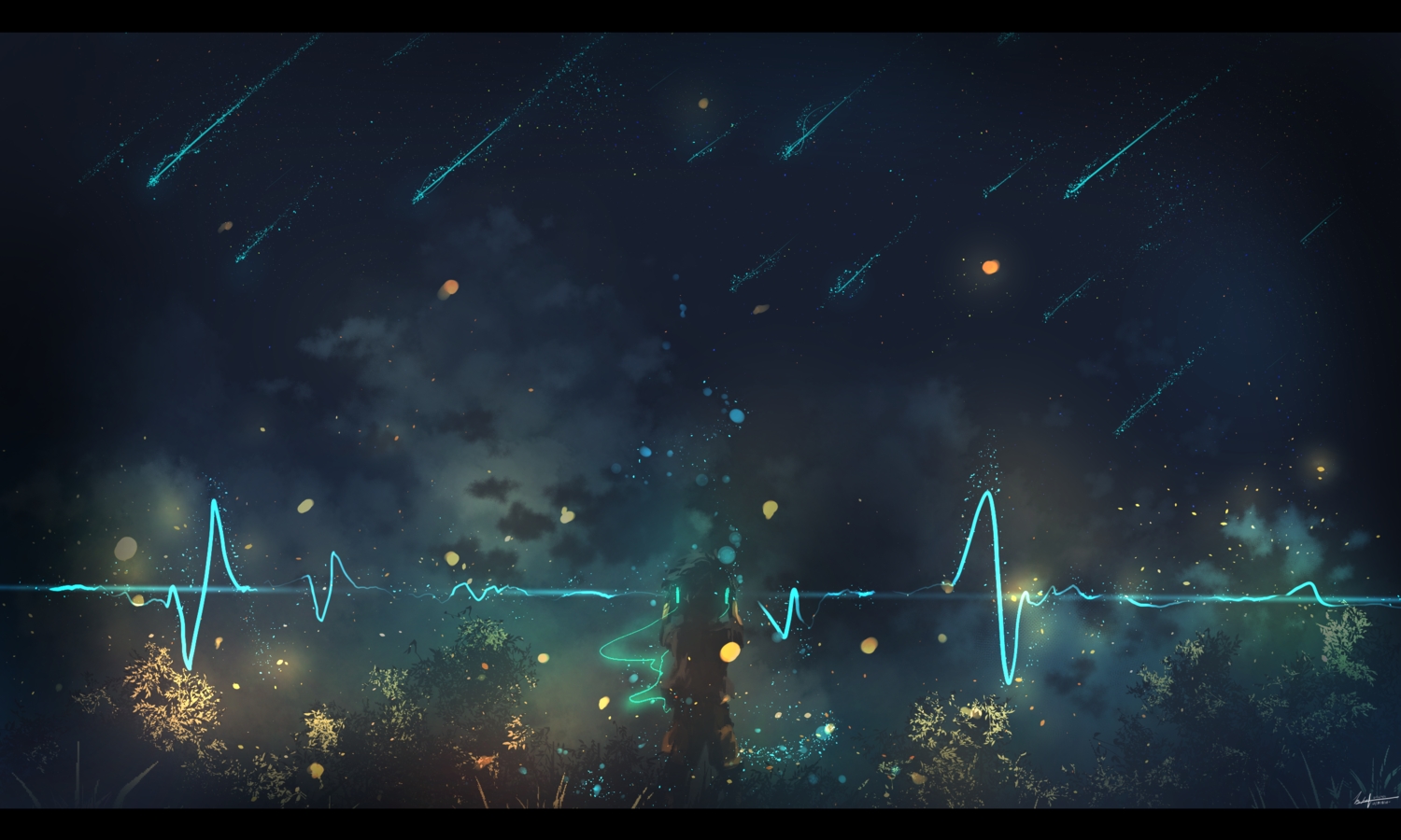 black_hair, clouds, headphones, night, original, short_hair, signed, stars, wjstpwls4