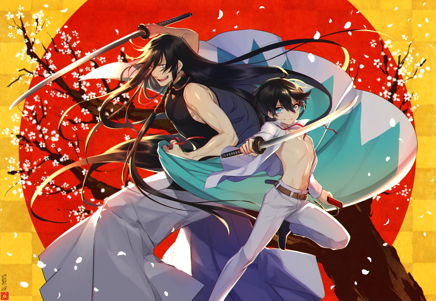 all_male, anthropomorphism, aqua_eyes, black_hair, brown_hair, cherry_blossoms, flowers, izumi-no-kami_kanesada