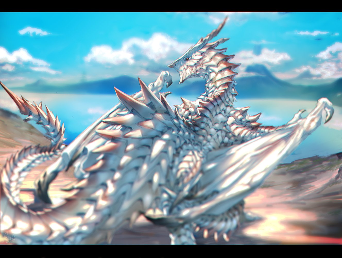 clouds, dragon, kokutan_kitsune, no_humans, original, signed, sky, water, wings