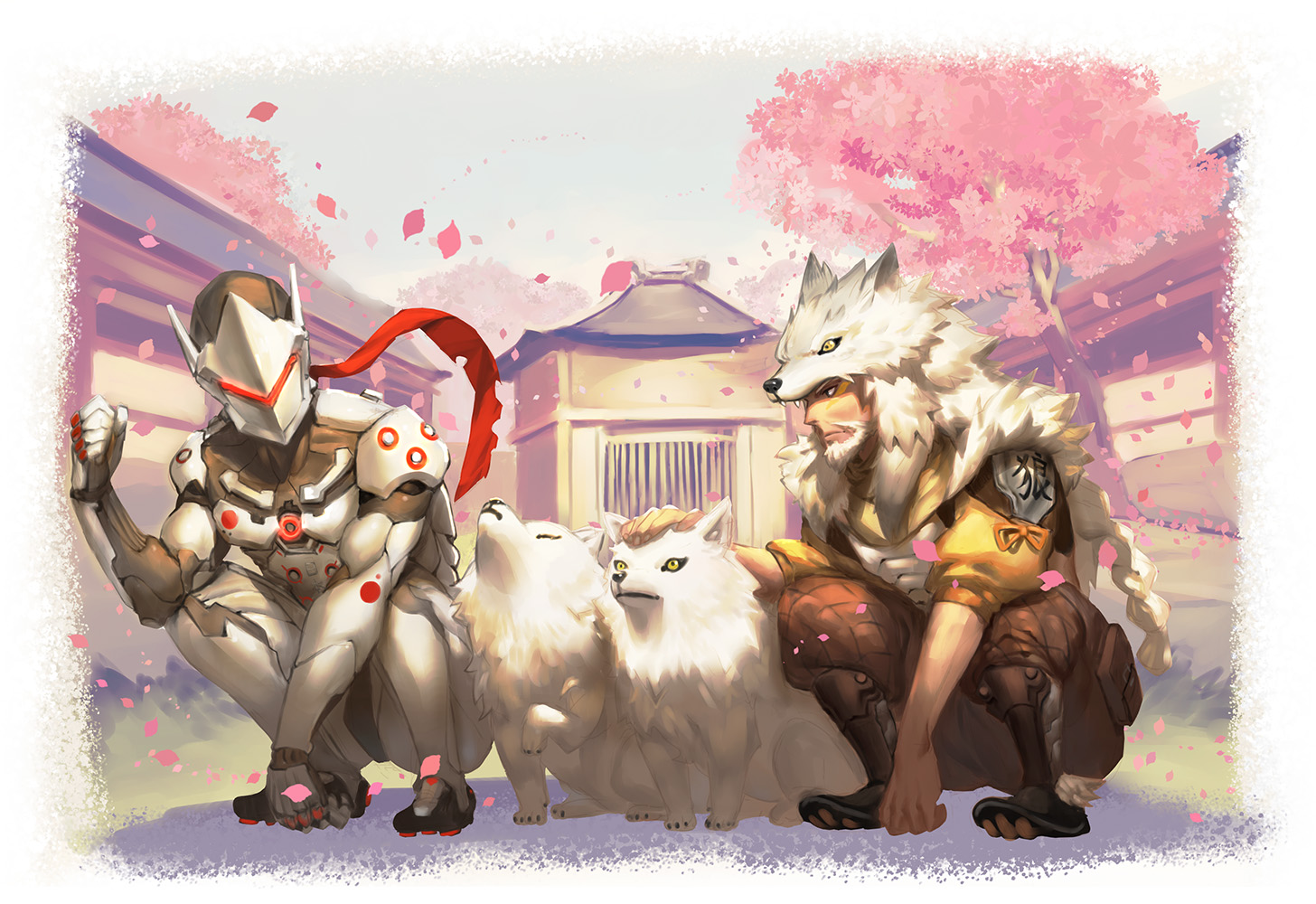 all_male, animal, armor, bodysuit, building, cherry_blossoms, dog, flowers