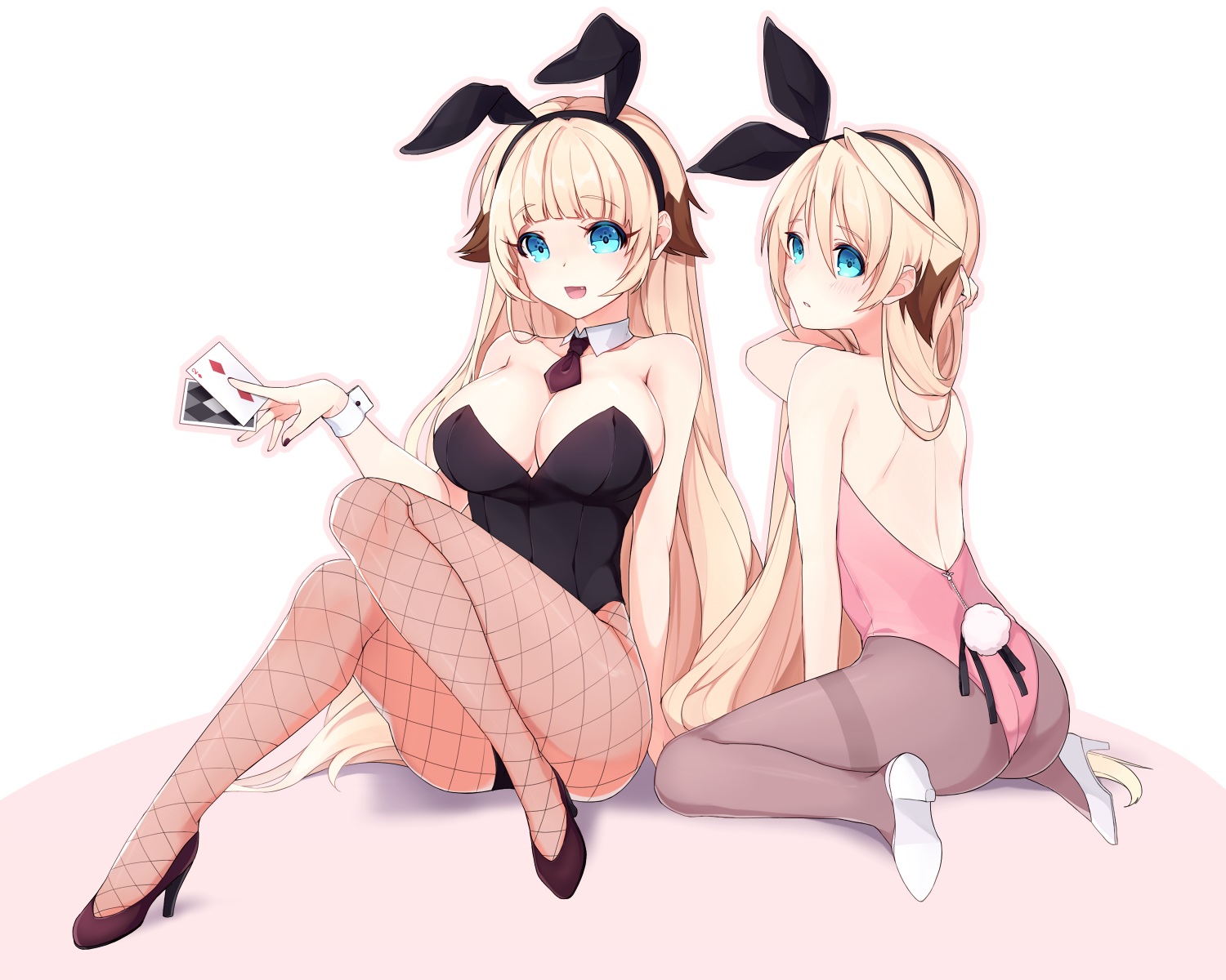 aliasing, animal_ears, aqua_eyes, ass, blonde_hair, blush, bodysuit, breasts, bunny_ears, bunnygirl, chung_(elsword), cleavage, collar, elsword, fang, flat_chest, genderswap, headband, long_hair, pantyhose, rebi, ribbons, tail, tie, white, wristwear