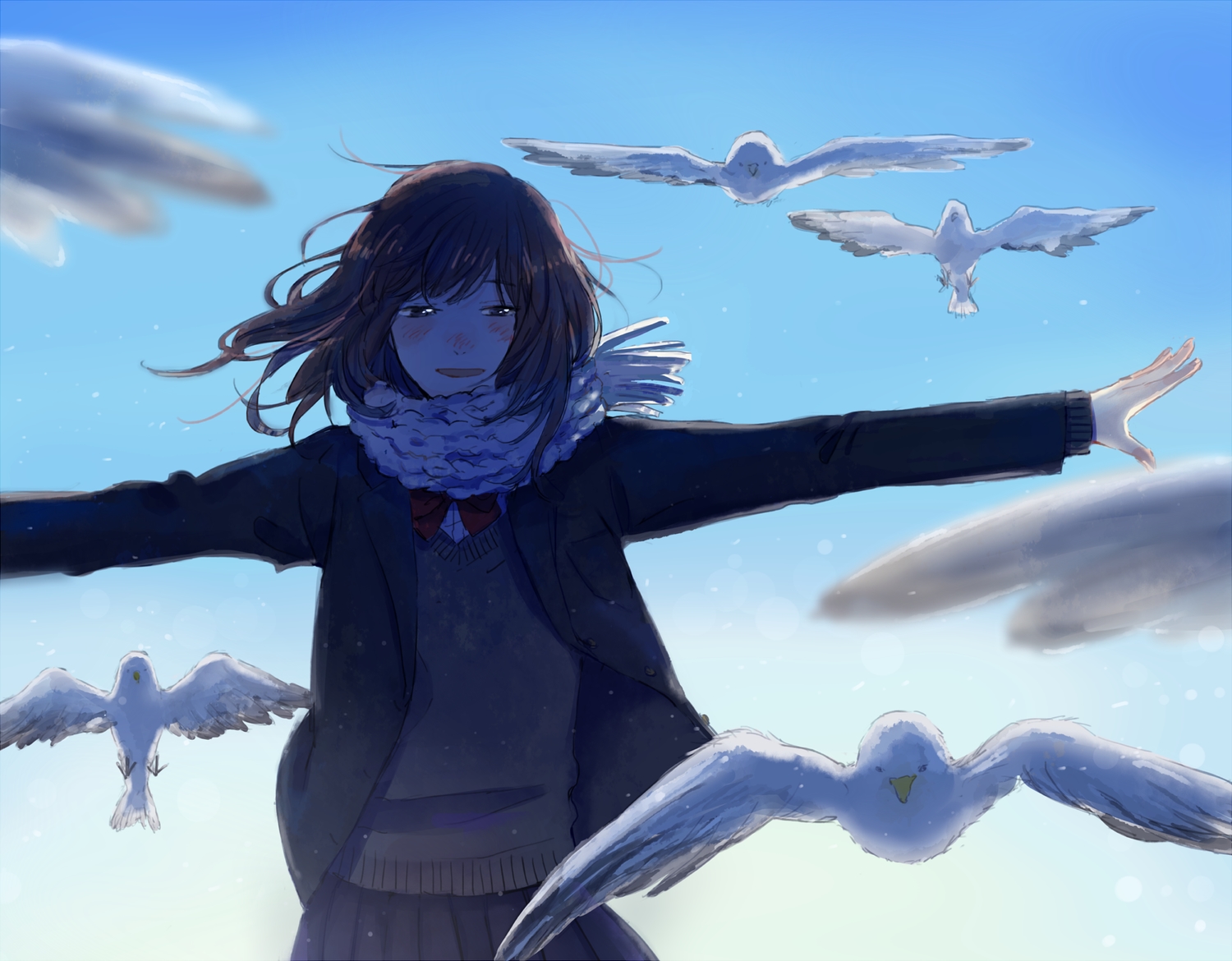 animal, bird, black_eyes, black_hair, blush, hinao_(flowerrabbit2348), original, scarf