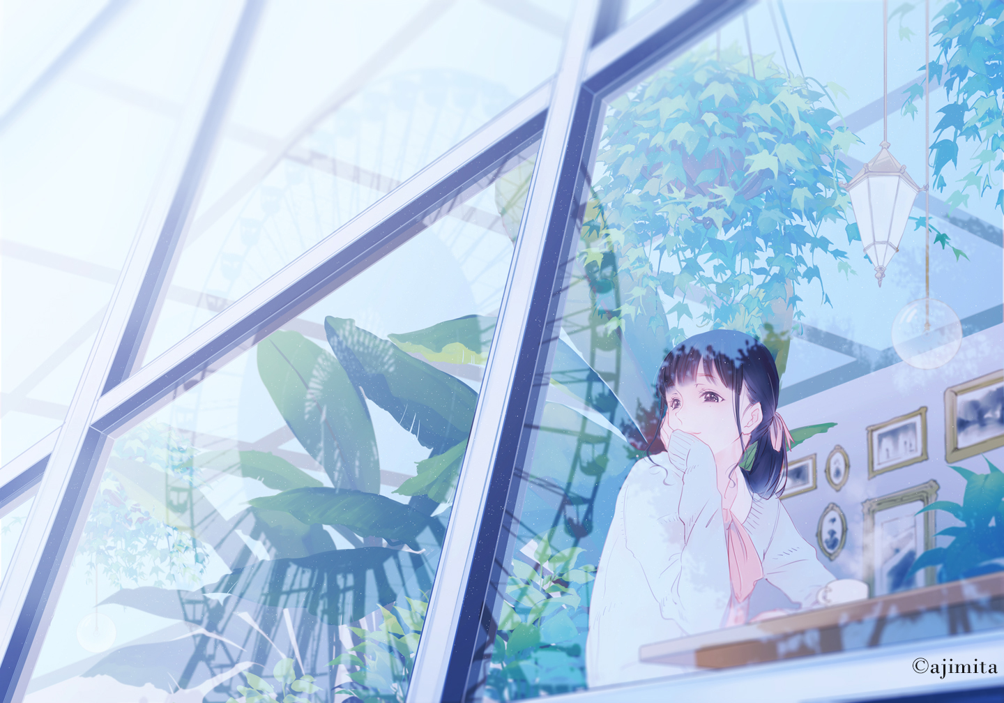 ajimita, black_eyes, black_hair, drink, flowers, long_hair, original, ponytail